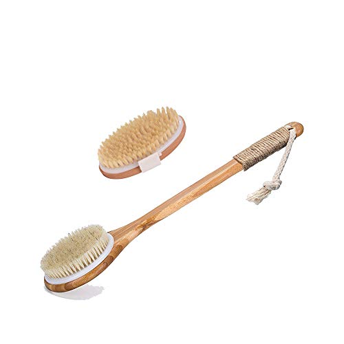 2PCS Dry Bath Body Brush Back Scrubber with Anti-slip Long Wooden Handle, 100% Natural Bristles Body Massager, Perfect for Exfoliating, Detox and Cellulite,Good for Health and Beauty