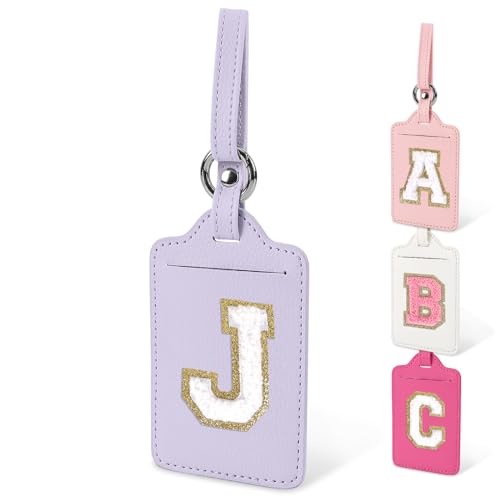 Personalized Initial Luggage Tags for Suitcases, Cute PU Leather Travel Letter Luggage Tags,Suitcase Identifier Name Baggage Tag,Bag Tags for Men Women Kids Luggage Handbags(Purple-White J)