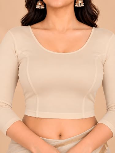 Image of Abhi Cotton Readymade Saree Blouse for Women- 3 /4 Sleeve, Round Neck, Regular-fit, Stretchable, Pull-on Style