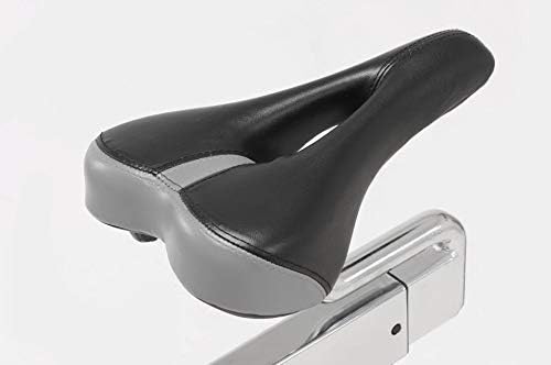 Close-up of the two-tone black and grey saddle