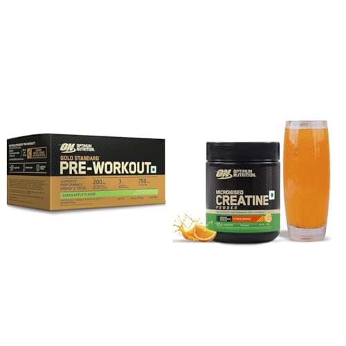Image of Optimum Nutrition Pre Workout Green Apple 15 single serve + Optimum Nutrition Monohydrate Creatine Powder - 100 Gram, 26 Serves, Citrus Orange