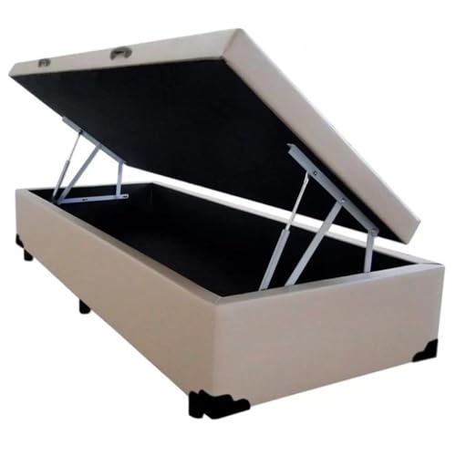 Cama Box Baú Solteiro Blindado Linhão Bege com pistão a gas