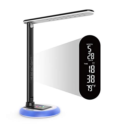 Preisvergleich Produktbild PElight 10W Led Schreibtischlampe Dimmbar Büro Tischleuchte mit Uhr, USB-Aufladung, Farbwechselbasis, Touch-Steuerung, 9 Beleuchtungsmodi, Schwarz