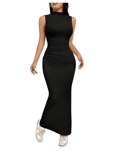 OYOANGLE Women's Mock Neck Ruched Bodycon Tank Dress Solid Party