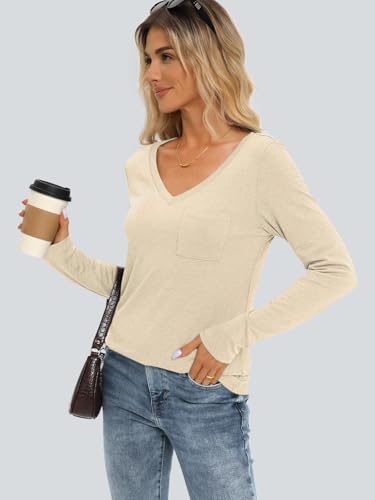 Image of AUTOMET Womens Long Sleeve Shirts V Neck Casual Tops with Pockets Loose Dressy Basic Fall Outfits Clothes Winter Trendy 2025