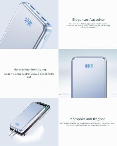 Power Bank, 30% Größere Kapazität 26800mAh Powerbank, mit 3-in-1 Kabel,Blau – Ansicht 5