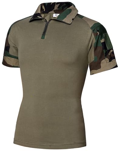 PADOLA Uomo Maglietta Mimetica a Manica Corta per attività all'aperto Leggero Asciugatura Rapida Polo Camouflage con 1/4 Zip Camouflage Intima Funzionale(Mimetica Verde,XL)