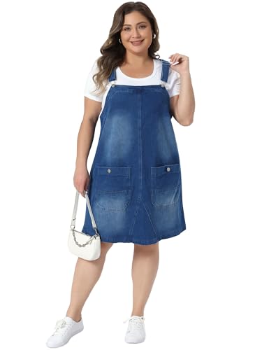 Image of Agnes Orinda Plus Size Women's Denim Overalls Dress Adjustable Strap Bib Suspender Skirts Jumper Jeans Dresses with Pockets