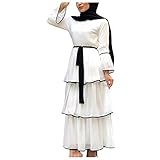 Generic Women's Full-Sleeve Muslim Clothing Maxi Dress Islamic Arab Kaftan Dress with Belt White
