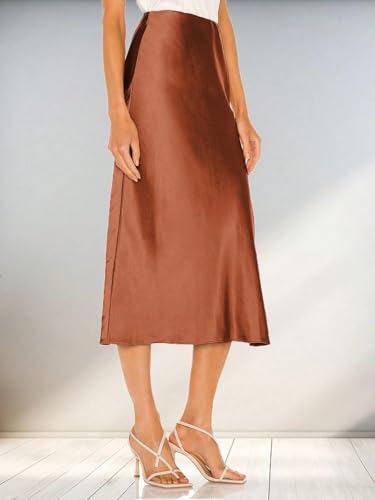 Trend Women's Summer Basic Skirt High Waisted Satin Midi Skirt for Side Slit A-Line Elastic for Beach4