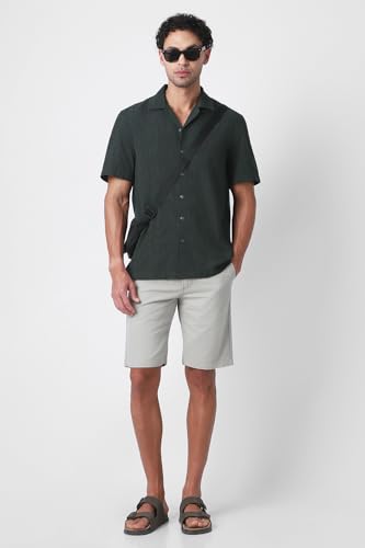 Image of Peter England Men's Casual Half Sleeve Resort Collar Shirt in 100% Cotton Seersucker with Striped Design