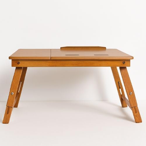 Image of Wooden Laptop Table Standard Adjustable Study Table with Laptop, Portable Lap Desk, Multifunctional Bed Table with Drawer and Folding Legs (Natural New)