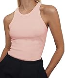 Artfish Women's Sleeveless Full Length Cotton Ribbed Fitted Racerback Crew High Neck Basic Tank Top