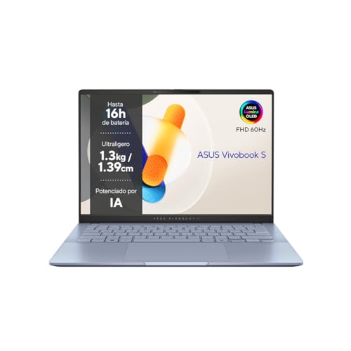 ASUS Vivobook S 14 OLED OLED S5406SA-PP223W - Ordenador Portátil 14' WQXGA+ 120Hz (Intel Core Ultra 7 256V, 16GB RAM, 1TB SSD, Windows 11 Home, Copilot+ PC) Azul Neblina - Teclado QWERTY español