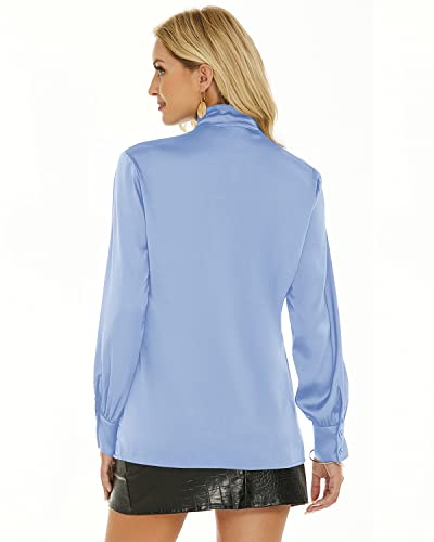 Women's Satin Blouse Long Sleeve Bow Tie Neck Button Down Shirts Casual Office Work Blouse Tops Light-Blue XL — view 2