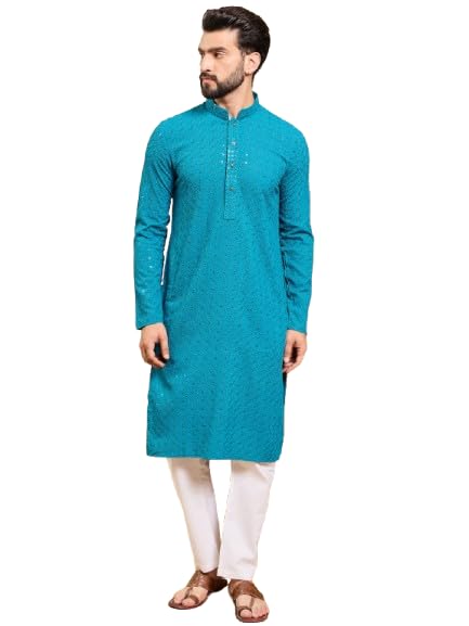 swagg india Men's Viscose Rayon Kurta, Turquoise Blue, Floral Embroidered, Mandarin Collar, Above Knee Length-picture-2