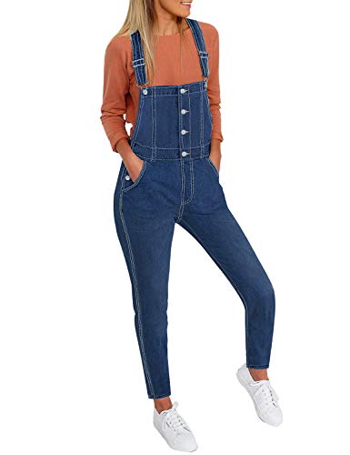 GRAPENT Women's Casual Button Front Denim Bib Overalls Pocket Jeans Jumpsuit Pants Dark Blue Large