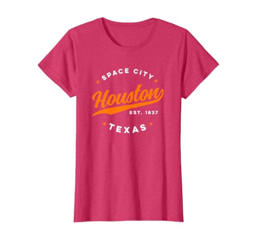 Vintage Houston Texas Space City Orange Text T-Shirt, Women, Red Heather, Small