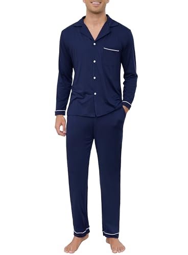 Sopesil Pijama Hombre Invierno Algodon Pijama de Manga Larga con Botones Bolsillos Conjunto de Pijama de V-Neck Suave para Lounge Descanso en Casa Dormir Azul Marino,M