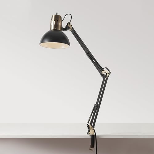 Image of Globe Electric 62000009 32 inch Multi-Joint Desk Lamp with Metal Clamp, Matte Black, Antique Brass Accents, On /Off Rotary Switch on Shade, Partially Adjustable Swing Arm, Home Decor, Office Accessory