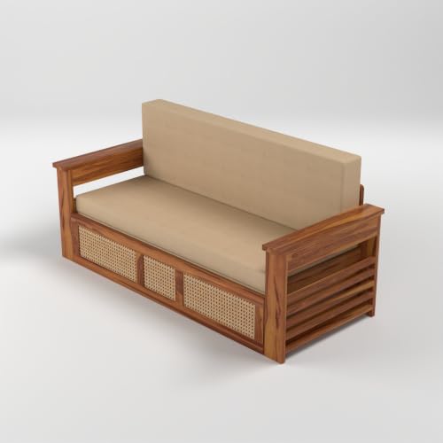 Image of PS DECOR Solid Sheesham Wood 3 Seater Sofa Cums Bed with Cane Panel | Wooden Sofa Bed with Cushioned Seating & Backrest