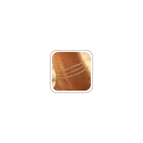 Image of Ritach Ankle Bracelets for Women - Silver /Gold Plated Stainless Steel Anklets for Women Waterproof Layered Cuban Link Figaro Chain Heart Anklets Set Summer Beach Jewelry Gifts