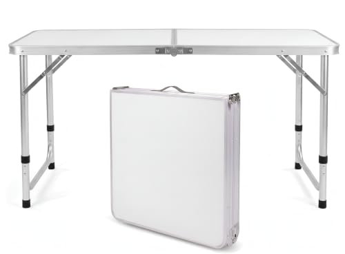 BARGAIN FACTORY Folding Table 4ft Heavy Duty Picnic Table Sturdy Metal Frame With Handle Adjustable Height Portable Waterproof Easy to Carry Ideal for BBQ Party Camping Beach Indoor & Outdoor Use
