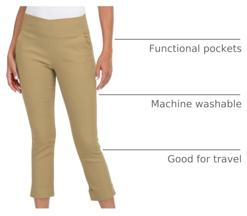 Image of HDE Pull On Capri Pant for Women w /Pockets Elastic Waist Cropped Work Pant | Comfortable Pull On Waist, Tailored Fit with Cuff, Stretchy Summer Office Pants, 24.25 inch Inseam, Professional Dress Capris