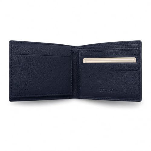 Image of SOVANO Genuine Leather Wallets for Man Original Bi Fold Slim Mens Wallets Design with RFID Protection ID Window Easy Access 6 Card Slots 2 Hidden Pockets Compact Gift for Men (Navy Blue)