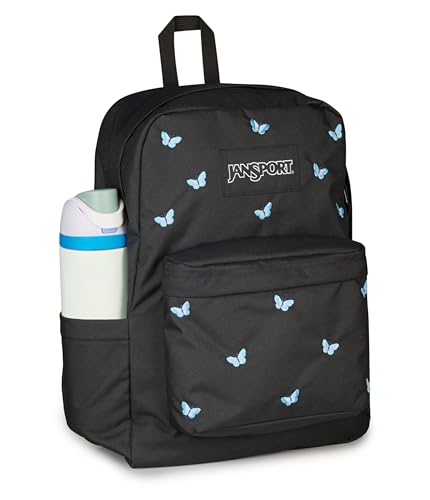 Image of JanSport Superbreak Plus FX Backpack - Work, Travel, or Laptop Bag with Water Bottle Pocket, Superbreak Plus Fx, Tiny Butterflies Black /Md Blu /Lt Blu
