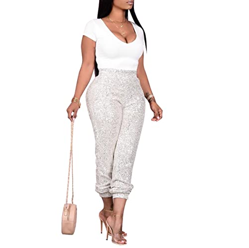 Xzbailisha XZZ4892-SILVER 1-M Women’S Sequins Pants Sexy Glitter Stretch Waistband Loose Casual Club Trousers cover