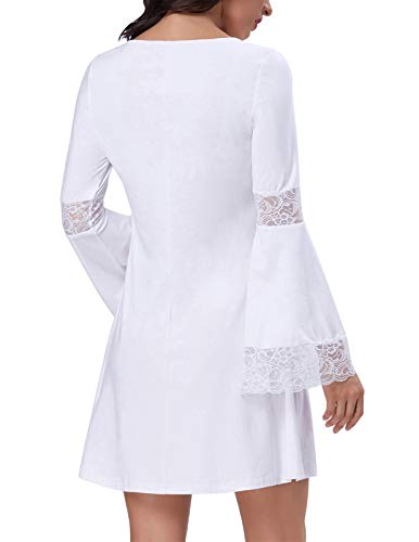 Kate Kasin Women Round Neck Long Sleeve Swing Casual Dresses Cotton White S,KK761-2