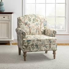 Floral Upholstered Accent Chair with Rolled Arms and Wooden Legs