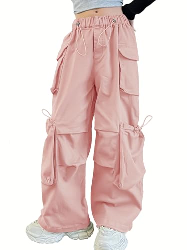 Image of Girls Cargo Pants Wide-Leg Straight Streetwear, 6-14 Years | Elastic Drawstring Vintage Baggy Pants Y2K School Casual