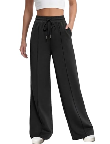 DLOODA Womens High Waisted Wide Leg Sweatpants Drawstring Casual Lounge Pants with Pockets for Daily Wear Black