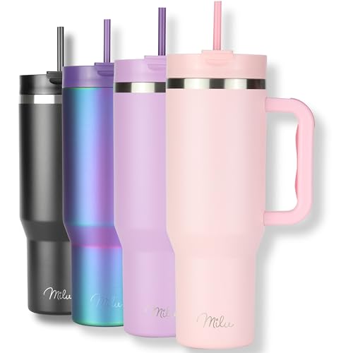 Milu Termico con Asa y Pajita 1200ml, Botella de Agua Acero Inoxidable Aislado, Taza térmica, Vaso de viaje para café helado, 24h helado / 12h caliente - 40oz (Blossom Pink, 1200ml)