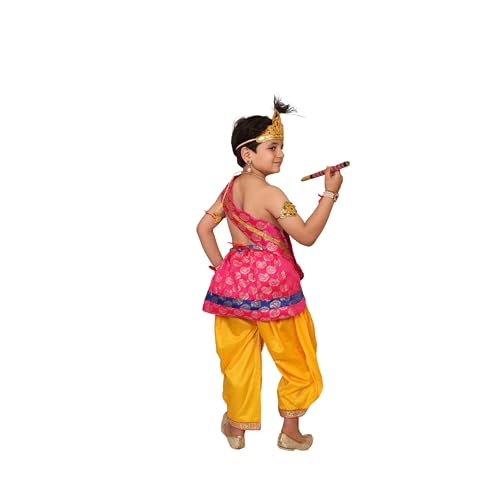 Image of Kaku Fancy Dresses Krishna Costume With Dhoti For Boy /Janmashtami /Bal Gopal Dress /Kanha Costume /Bal Krishna /Mythological Costume For Boy - Yellow-Red, 1-2 Years