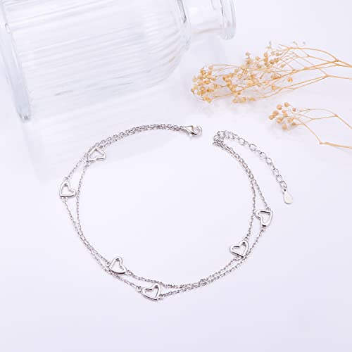 Image of Flyow Anklet for Women S925 Sterling Silver Adjustable Foot Beaded Heart Charm Ankle Bracelet Anklets Jewelry