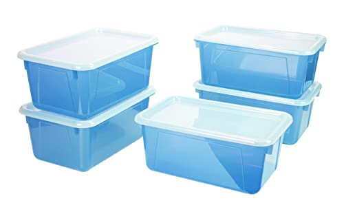 Image of Storex Small Cubby Bins - Plastic Storage Containers for Classroom with Non-Snap Lid, 12.2 x 7.8 x 5.1 inches, Tint Teal, 5-Pack (62486A05C)