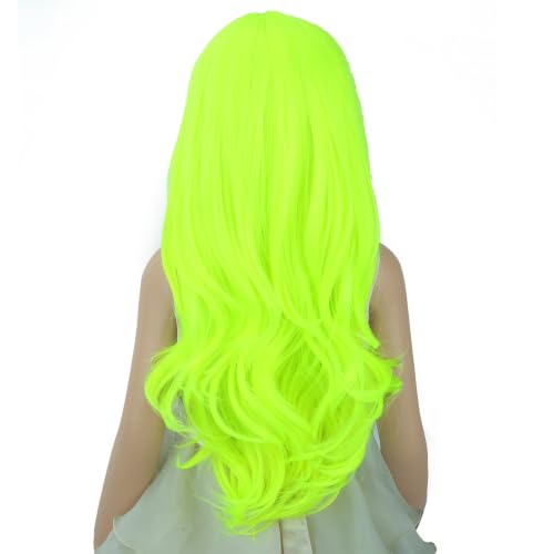 Image of Light Green Wig Long Fluorescent Green Middle Part Wig Long Bright Green Wavy Curly Wigs Heat Resistant Synthetic Wigs for Daily Party Use