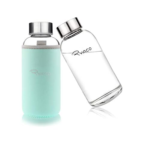 RYACO Borosilicate Small Glass Water Bottle 360ml BPA-Free Leak Proof Portable Ideal for School Home Office Travel Sport Yoga Gym Hot Cold Drinks with Neoprene Carrying Sleeve and Sponge Brush Cover