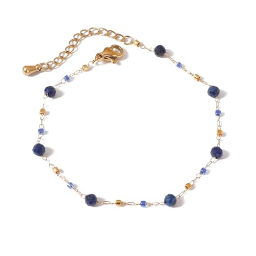 Natural Gemstone Beads Bracelets for Women Round Beaded Gold Link Bracelet Handmade Healing Crystals Bracelet Gemstone Jewelry Gift for Wife Mother