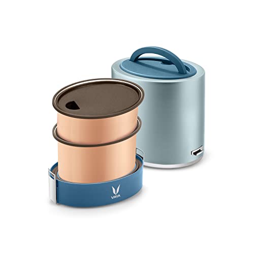 Image of VAYA TYFFYN Lunch Box for Office for Men, Copper Finished Steel Lunch Box Without Bagmat,1000ml Vacuum Insulated Hot Lunch Box, Leakproof Hot Tiffin Box with 2 Containers,Blue