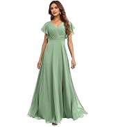 IIF Women's V Neck Bridesmaid Dresses for Wedding Long Chiffon Ruffled Sleeves Formal Gown with S...