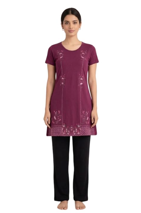 lady's zone Summer Casual Round Neck Half Sleeve Cottonblend Printed Nightsuit For Women's | Soft & Comfortable Top & Pyjama Set (Purple-Black)-picture-49