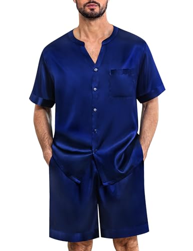 SWOMOG Men Satin Silk Pajama Set Short Sleeve Sleepwear Classic Button Down PJ Set 2 Pieces Loungewear with Pocket S-XXL
