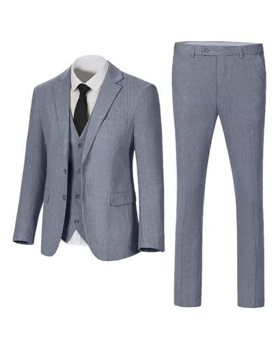 Image of Retro 3 Piece Suit Tweed Herringbone Men's Suits Slim Fit Groom Tuxedos Set Prom Brown Grey Jacket Blazer Vest Pants