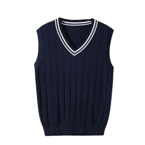 Men’S Slim Fit Striped V-Neck Sweater Vest Casual Fleece Lined Hand Solid Color Knitted Waistcoat
