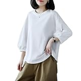[MERONOCALLALY] 七分袖 tシャツ レディース クルーネック ボリューム袖 無地 ゆったり おしゃれ シンプル 日常着 薄手 カジュアル 黒 白 トップス 夏