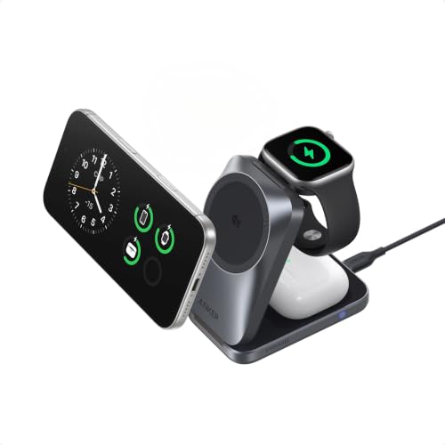 Anker Prime 3in1 Wireless Charger Qi2Certified 25W MagSafeCompatible UltraCompact Foldable Charging Station with AirCool for iPhone 17/16 Apple Watch AirPods (Non-Battery with Adapter)
